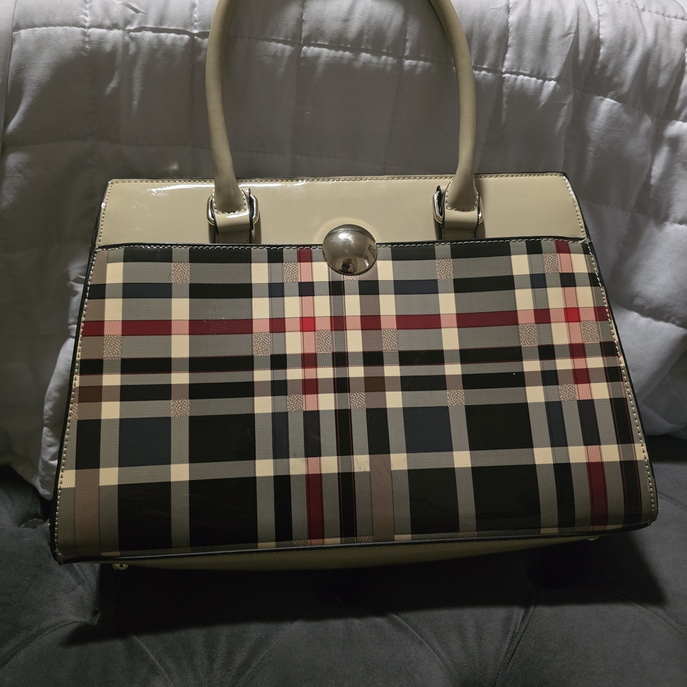 Plaid Designer Handbag - Beige and Black